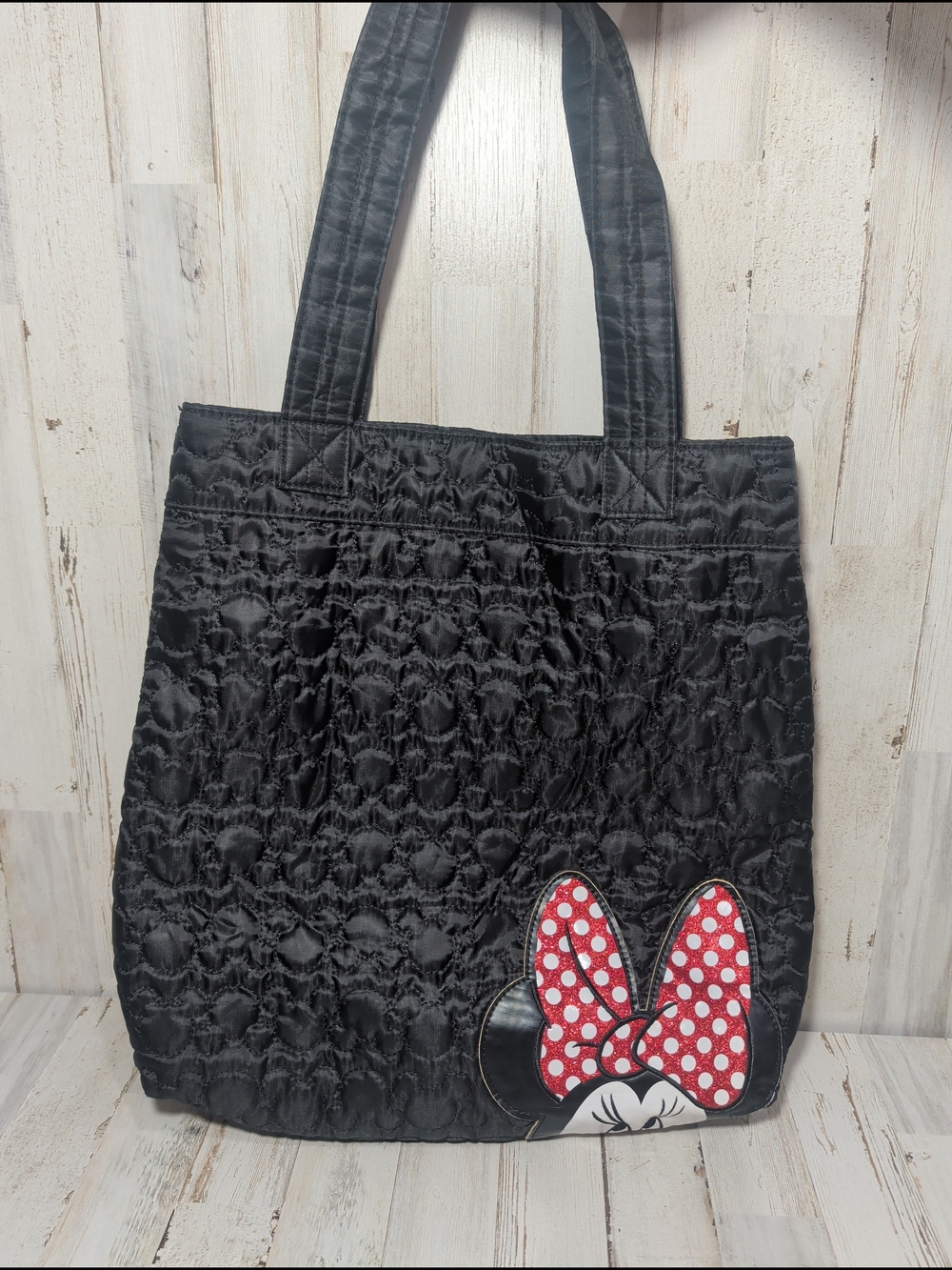 Minnie Mouse Black Quilted Tote Bag with Red Polka Dot Bow Snap Closure